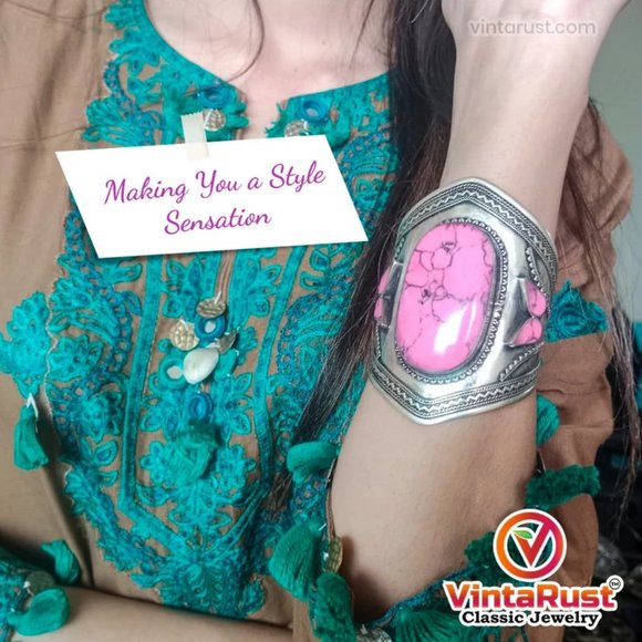 Single Vintage Afghan Cuff: Pink Stone Tribal Boho Bracelet - Picture 3 of 9